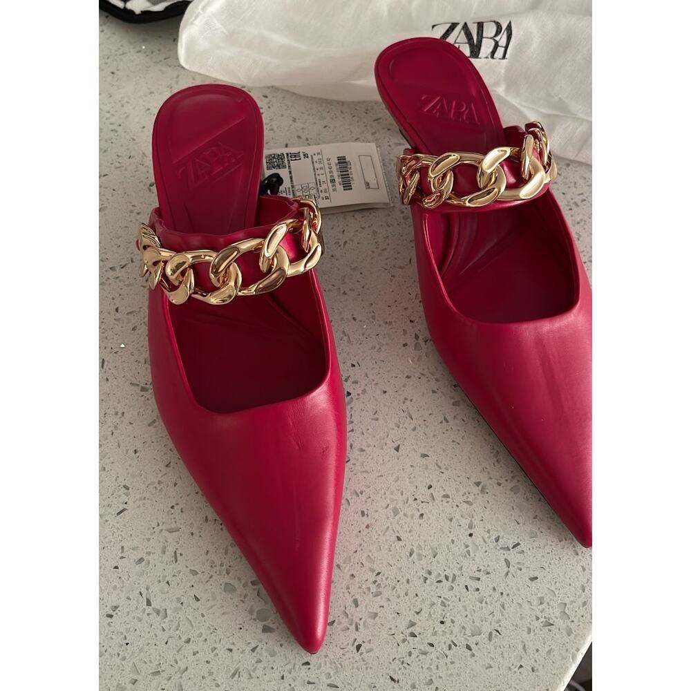 ZARA Pink Chain Strap Mule Heels NWT Pointed Toe Kitten Heel Pumps Size 8 - Picture 9 of 16